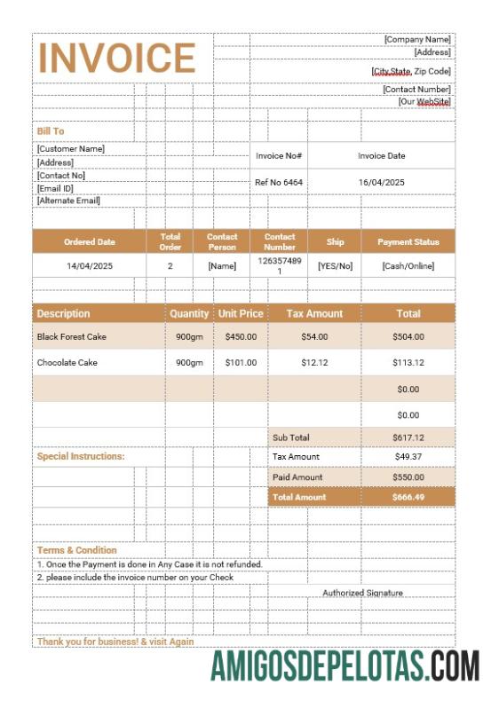 realista Modelo de fatura de pedido de bolo